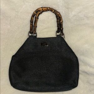 SIMONELLI BRAND BLACK HAND BAG WITH BAMBOO LIKE(ACRYLIC) HANDLES SNAP CLOSURE